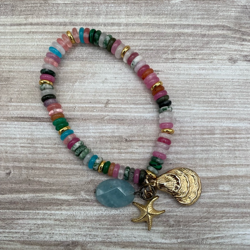 Stone Stretch Bracelet with Upcycled Ocean Themed Charms